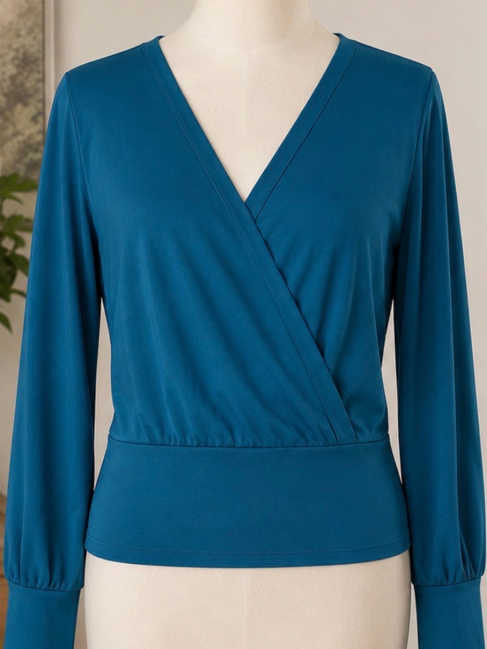 Women's Teal Surplice Long Sleeve Blouse